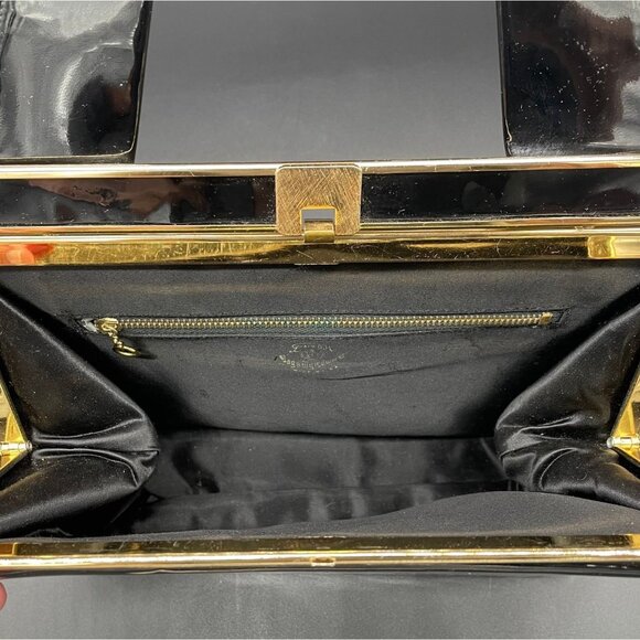 Vintage Black Patent Leather Handbag Gold Tone Memphis Cotton Carnival 1965 Card - Picture 4 of 10